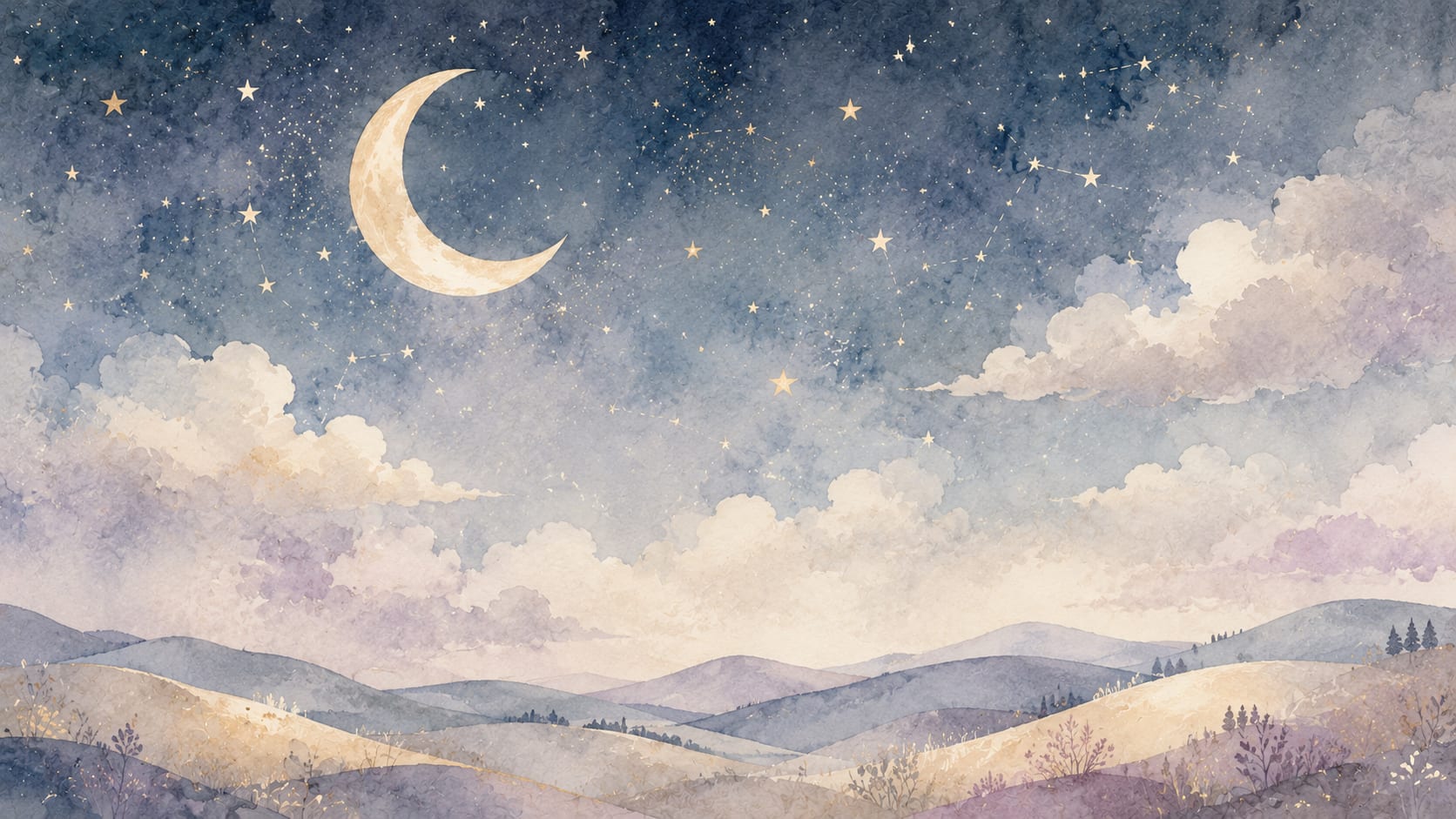 Dreamy Whimsical Navy Blue Crescent Moon featuring stars and clouds - Wall Mural & Peel and Stick Wallpaper for Watercolor Nursery or Kids Room