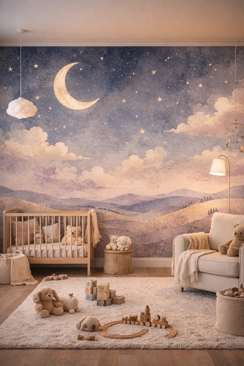 Scandi Kids soft white crescent moon featuring stars - Wall Mural Peel and Stick Wallpaper for Scandi Kids Nursery.