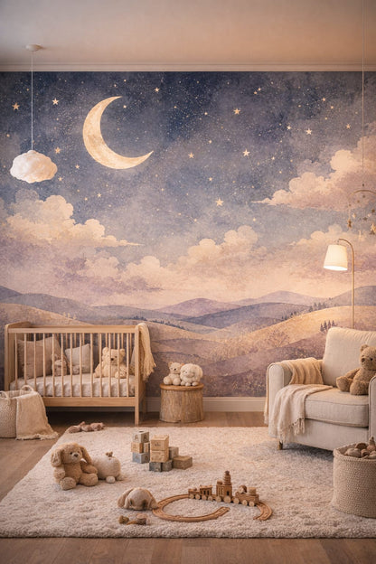 Scandi Kids soft white crescent moon featuring stars - Wall Mural Peel and Stick Wallpaper for Scandi Kids Nursery.