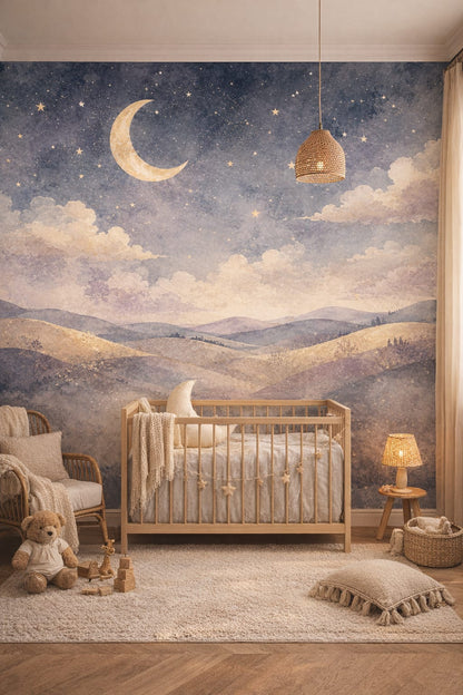 Whimsical Boho Cream crescent moon featuring stars - Wall Mural Peel and Stick Wallpaper for Whimsical Boho Nursery.