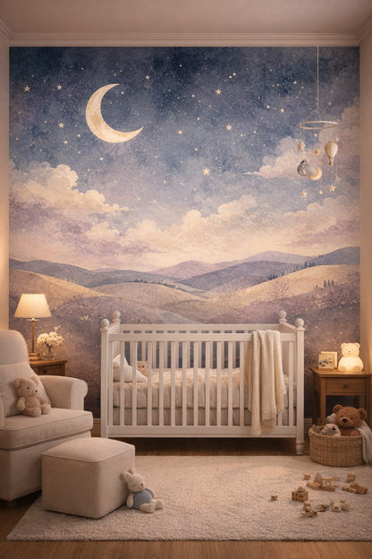 Storybook dusty-rose crescent moon featuring stars - Wall Mural Peel and Stick Wallpaper for Classic Storybook Nursery.