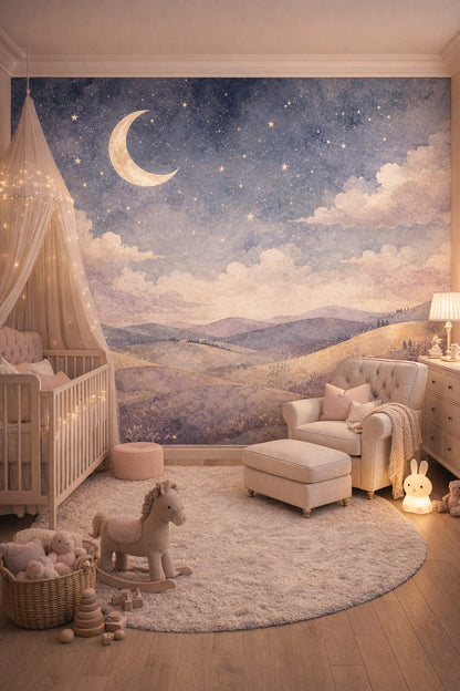 Blush gold crescent moon featuring stars - Wall Mural Peel and Stick Wallpaper for Pastel Glam Nursery Nursery.