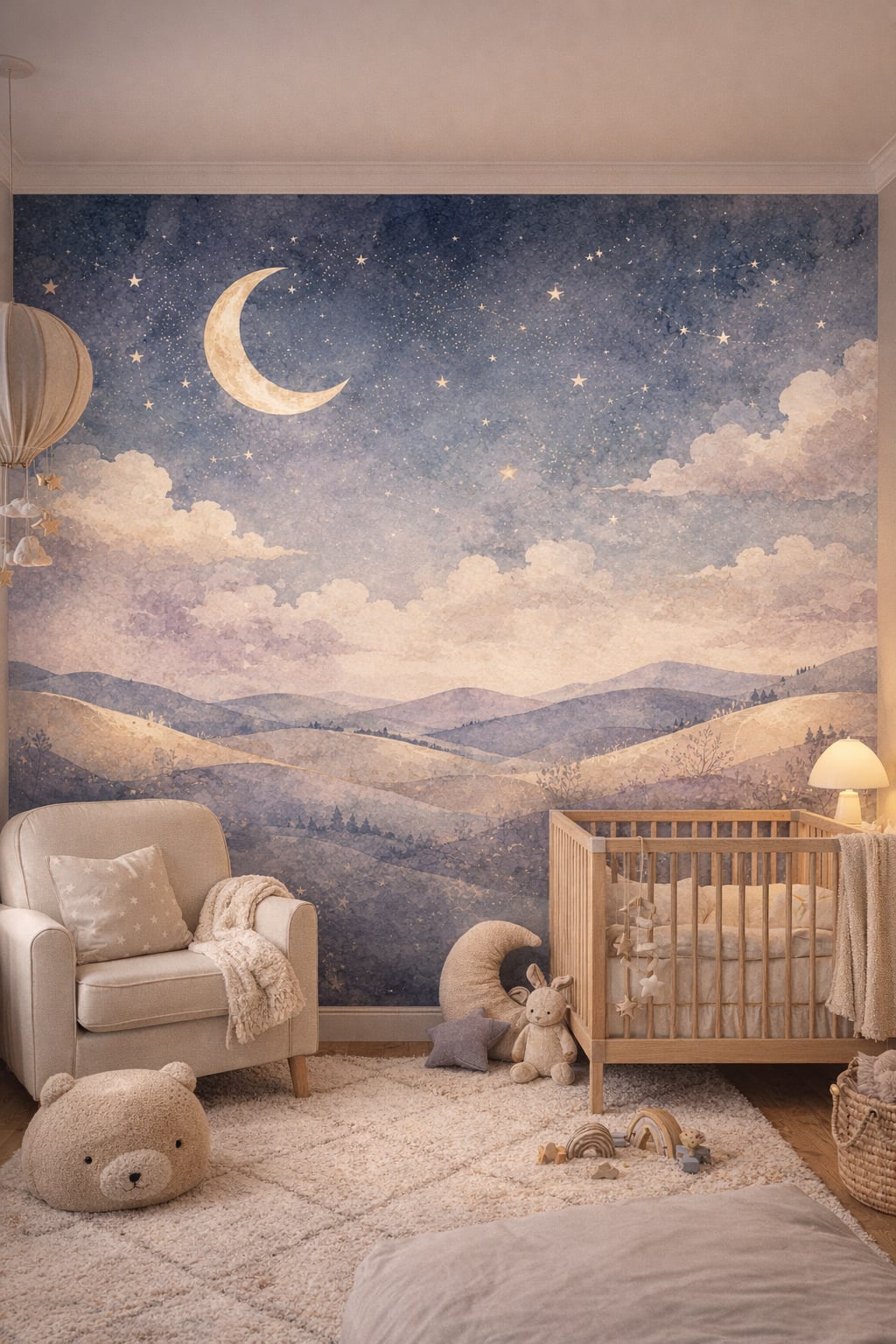 Celestial navy crescent moon featuring stars - Wall Mural Peel and Stick Wallpaper for Outer Space / Celestial Nursery.