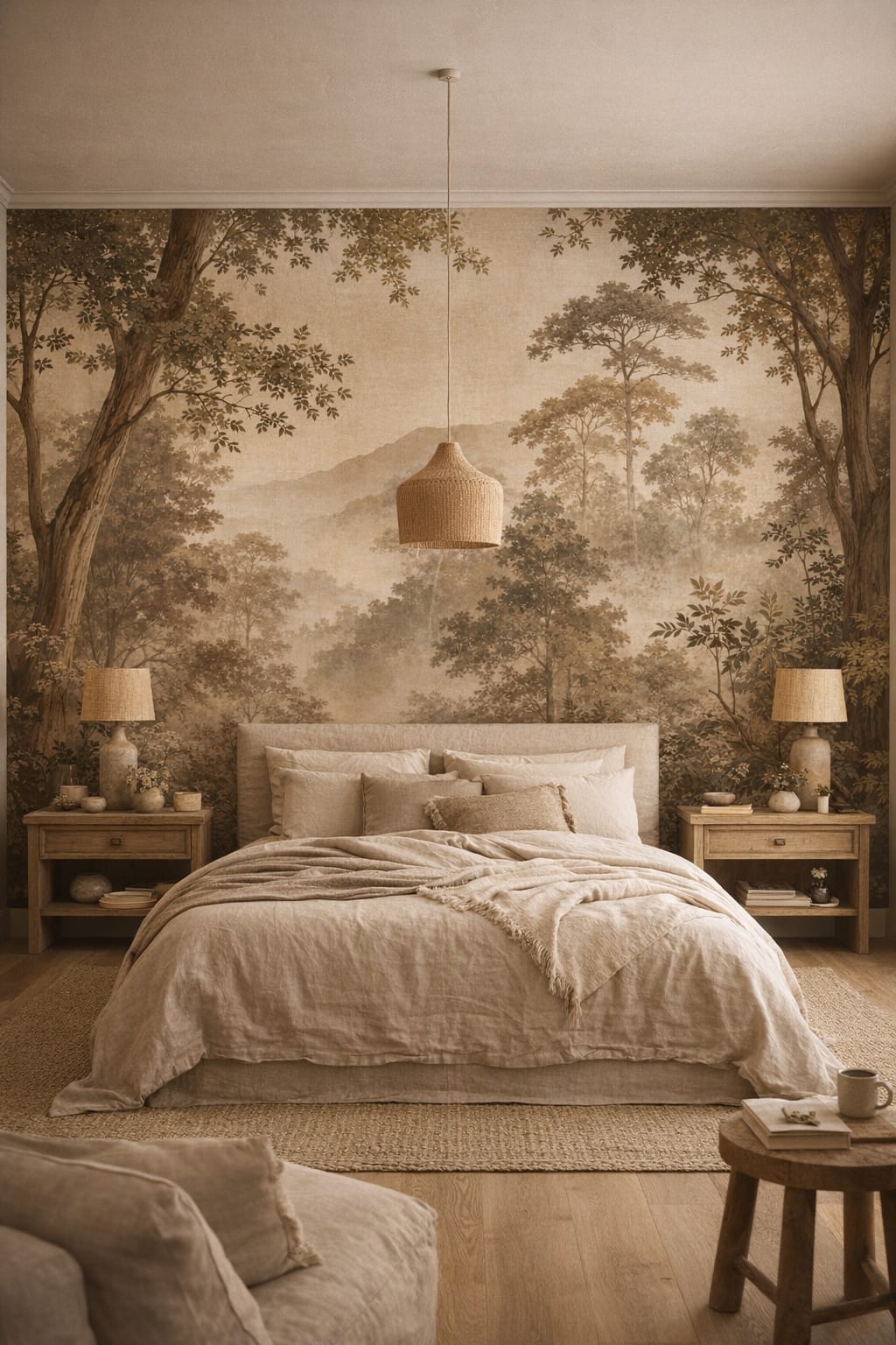 Wabi-sabi, muted earth-tone forest landscape featuring distant mountains - Wall Mural Peel and Stick Wallpaper for Wabi-sabi Master Bedroom.