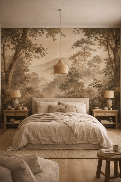 Wabi-sabi, muted earth-tone forest landscape featuring distant mountains - Wall Mural Peel and Stick Wallpaper for Wabi-sabi Master Bedroom.