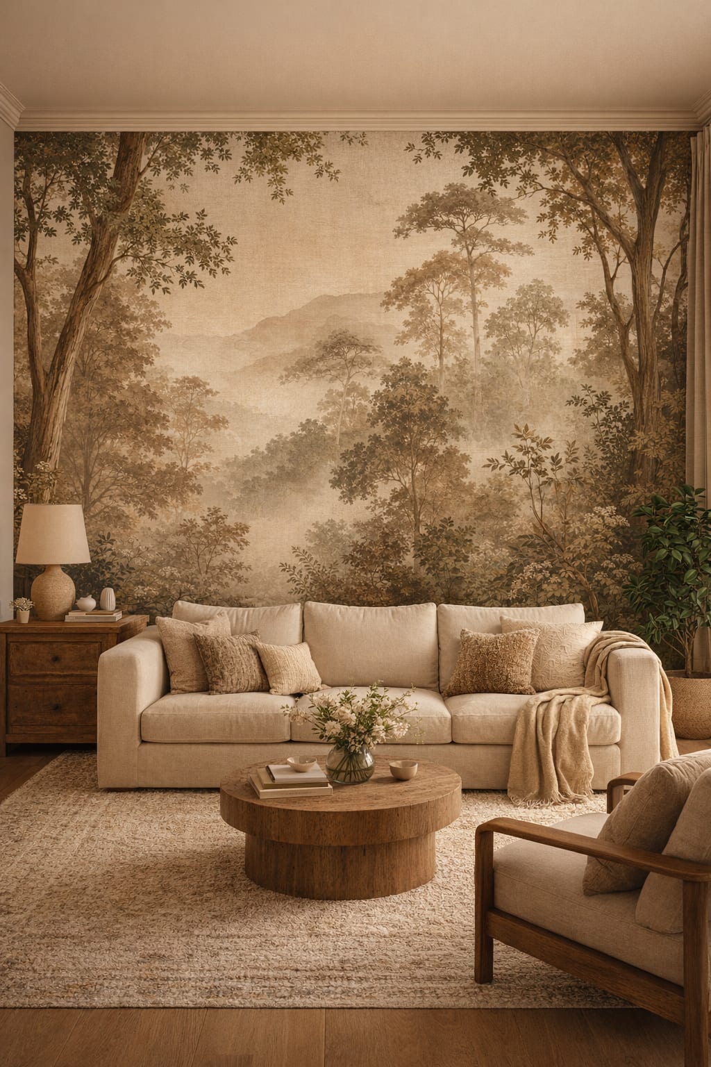 Green neutral forest landscape featuring distant mountains - Wall Mural Peel and Stick Wallpaper for Biophilic Design Living Room.