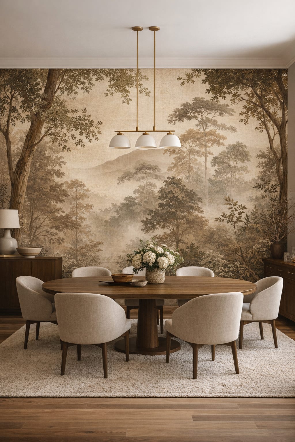 Organic Modern cream forest landscape featuring distant mountains - Wall Mural Peel and Stick Wallpaper for Organic Modern Formal Dining Room.