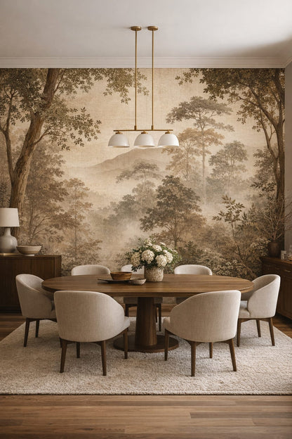 Organic Modern cream forest landscape featuring distant mountains - Wall Mural Peel and Stick Wallpaper for Organic Modern Formal Dining Room.