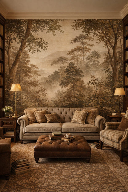 Green cream forest landscape featuring distant mountains - Wall Mural Peel and Stick Wallpaper for English Cottage Library / Reading Room.