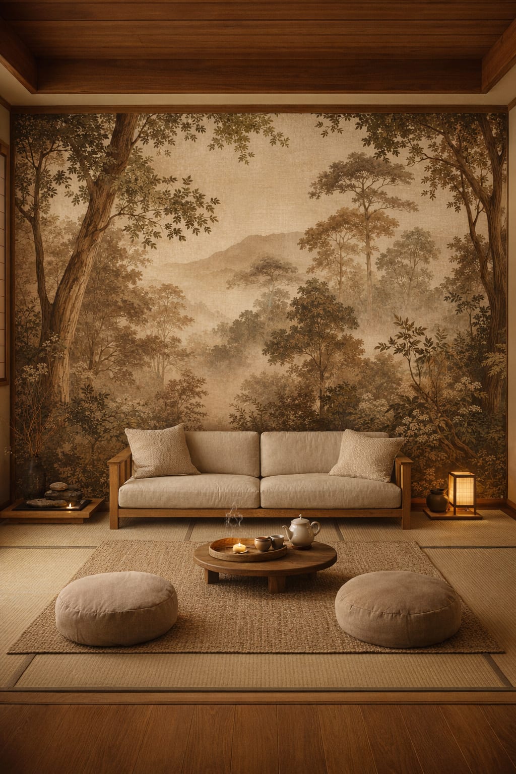Neutral wood forest landscape featuring distant mountains - Wall Mural Peel and Stick Wallpaper for Traditional Japanese Meditation Room.