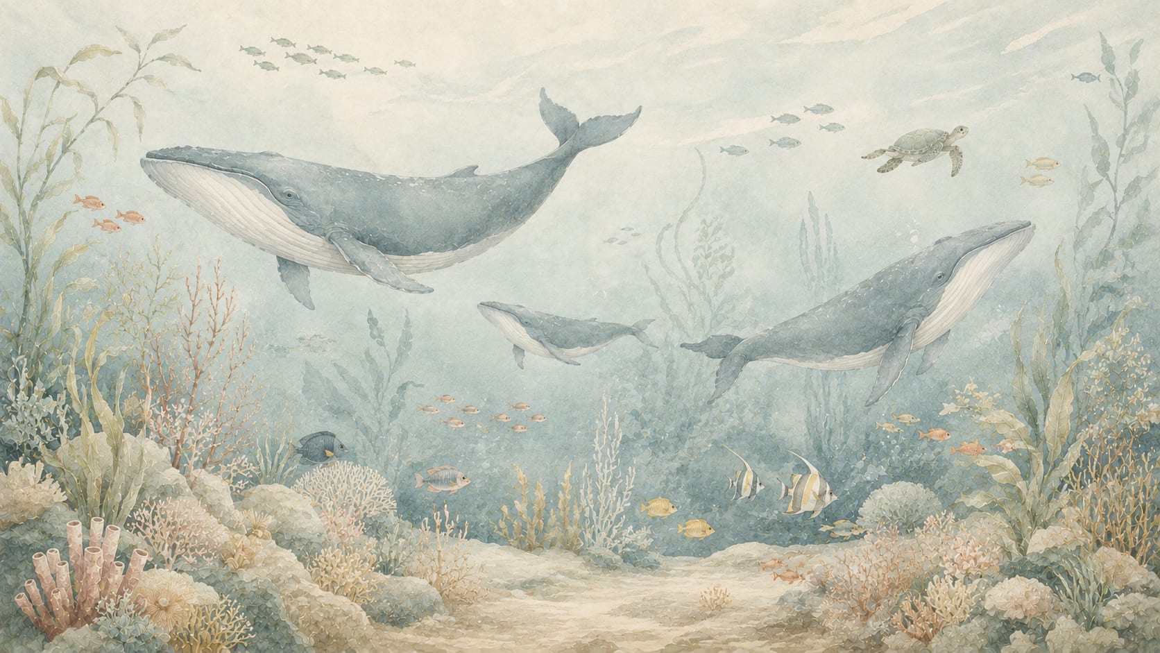 Serene aquatic Pale Blue whale featuring sea turtle and tropical fish - Wall Mural & Peel and Stick Wallpaper for Watercolor Interiors and Premium Home Styling