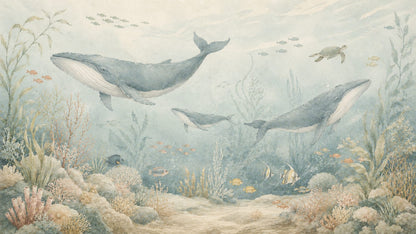Serene aquatic Pale Blue whale featuring sea turtle and tropical fish - Wall Mural & Peel and Stick Wallpaper for Watercolor Interiors and Premium Home Styling