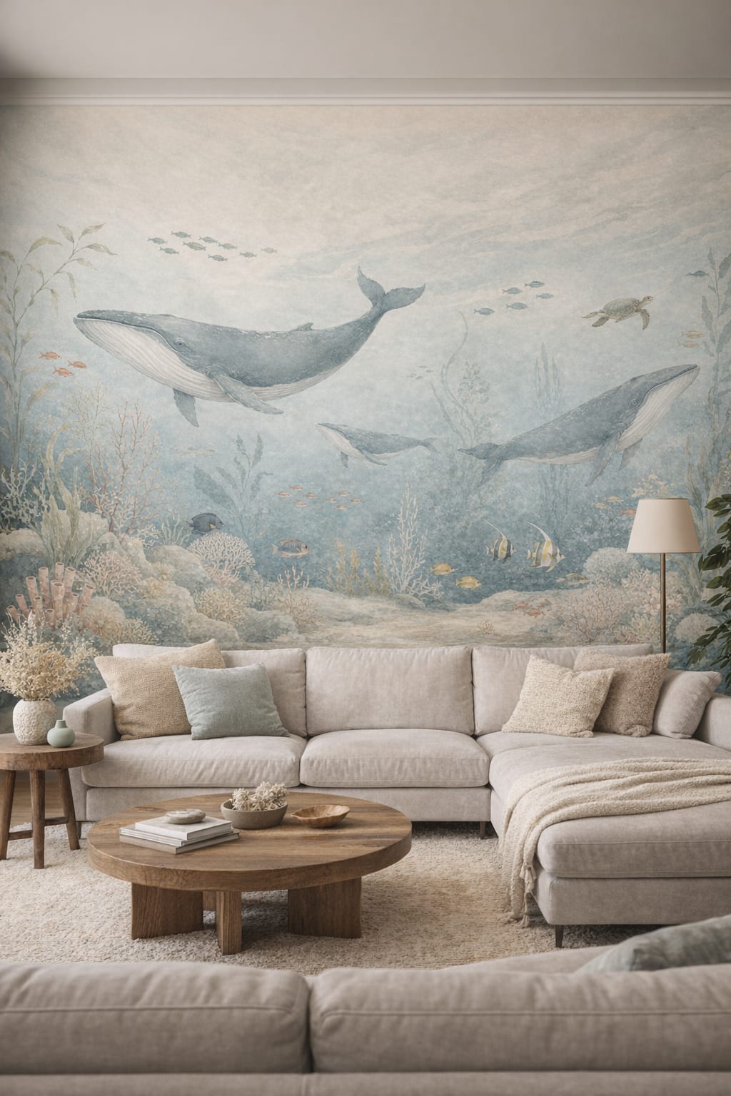Cream Organic Modern whale featuring sea turtle - Wall Mural Peel and Stick Wallpaper for Organic Modern Living Room.