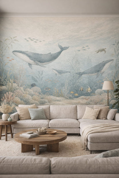 Cream Organic Modern whale featuring sea turtle - Wall Mural Peel and Stick Wallpaper for Organic Modern Living Room.