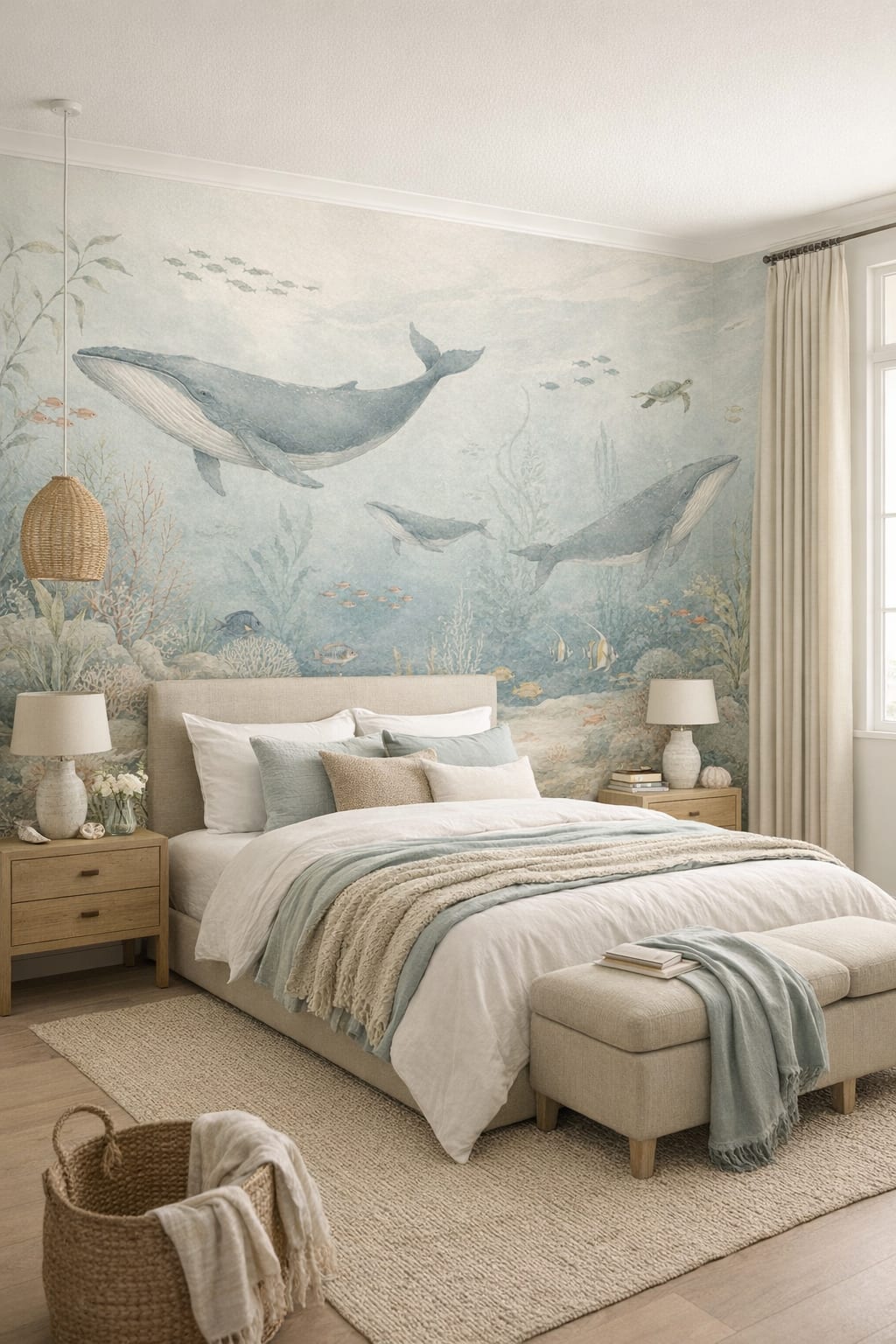 Coastal blue, sand-toned whale featuring sea turtle - Wall Mural Peel and Stick Wallpaper for Coastal Master Bedroom.