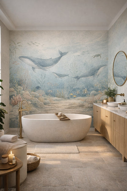 Biophilic green-neutral whale featuring sea turtle - Wall Mural Peel and Stick Wallpaper for Biophilic Design Luxury Bathroom.