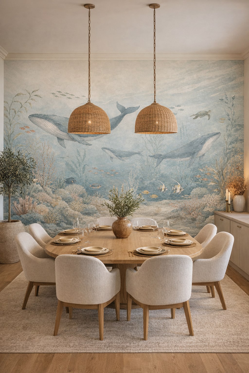Mediterranean Modern blue whale featuring sea turtle - Wall Mural Peel and Stick Wallpaper for Mediterranean Modern Formal Dining Room.