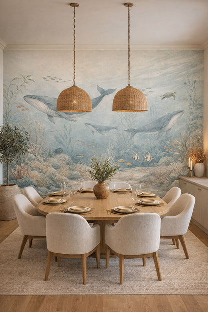 Mediterranean Modern blue whale featuring sea turtle - Wall Mural Peel and Stick Wallpaper for Mediterranean Modern Formal Dining Room.