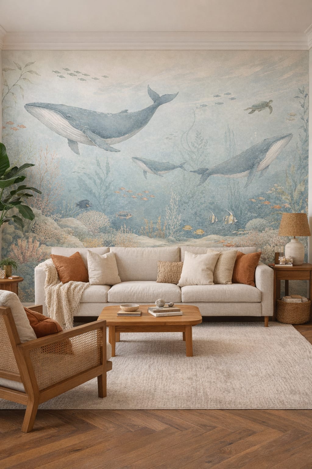 Tropical Modern white-green whale featuring sea turtle - Wall Mural Peel and Stick Wallpaper for Tropical Modern Reading Room.