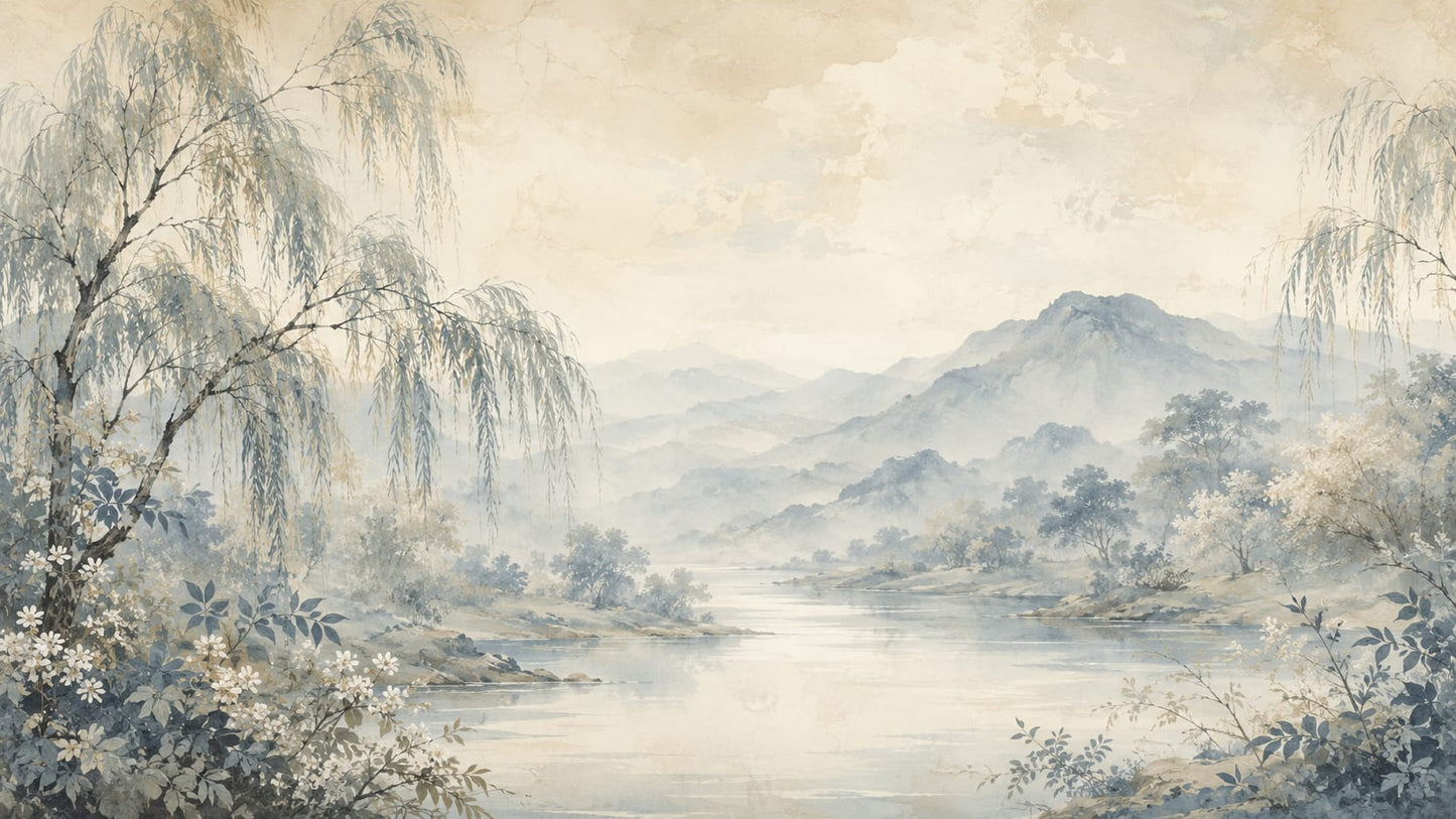 Serene painterly Cream mountain lake landscape featuring willow trees and flowering branches - Wall Mural & Peel and Stick Wallpaper for Watercolor Interiors and Premium Home Styling.