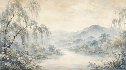 Serene painterly Cream mountain lake landscape featuring willow trees and flowering branches - Wall Mural & Peel and Stick Wallpaper for Watercolor Interiors and Premium Home Styling.