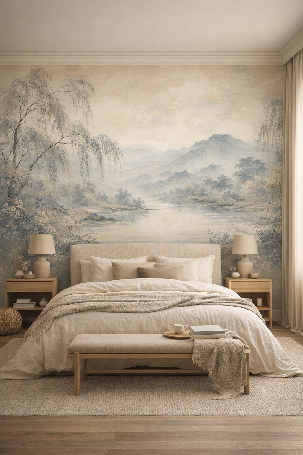 Zen soft-neutral mountain lake landscape featuring willow trees - Wall Mural Peel and Stick Wallpaper for Zen Master Bedroom.