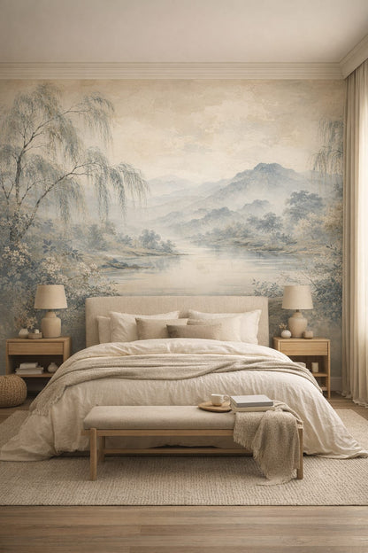 Zen soft-neutral mountain lake landscape featuring willow trees - Wall Mural Peel and Stick Wallpaper for Zen Master Bedroom.