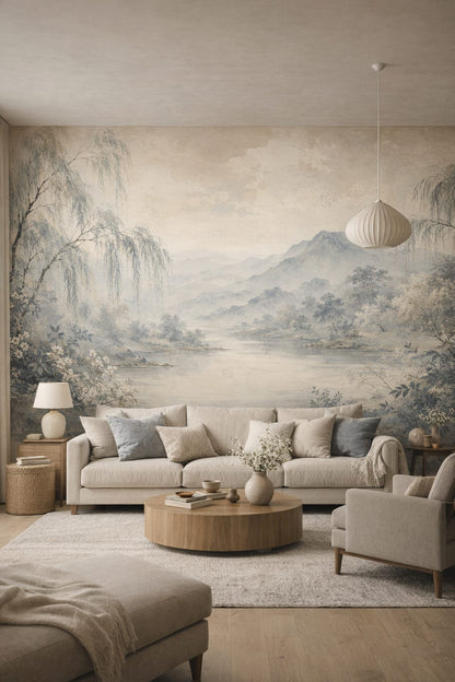 Sand Japandi mountain lake landscape featuring willow trees - Wall Mural Peel and Stick Wallpaper for Japandi Living Room.