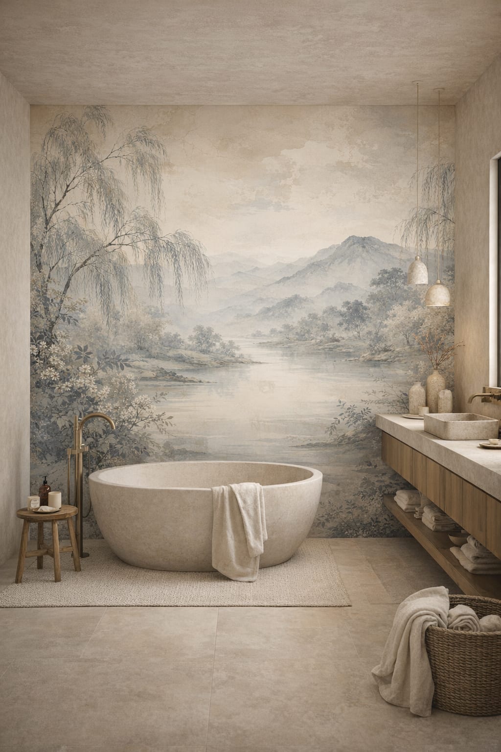 Muted earth-tone Wabi-sabi mountain lake landscape featuring willow trees - Wall Mural Peel and Stick Wallpaper for Wabi-sabi Luxury Bathroom.