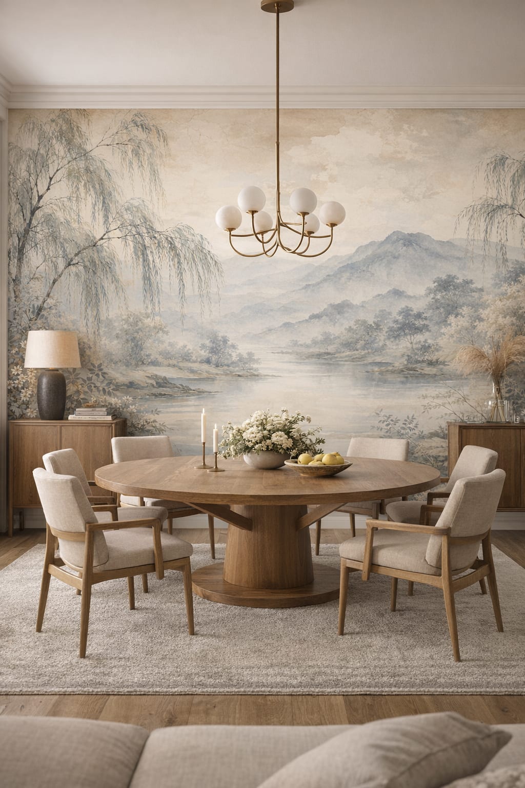 Organic Modern cream mountain lake landscape featuring willow trees - Wall Mural Peel and Stick Wallpaper for Organic Modern Formal Dining Room.