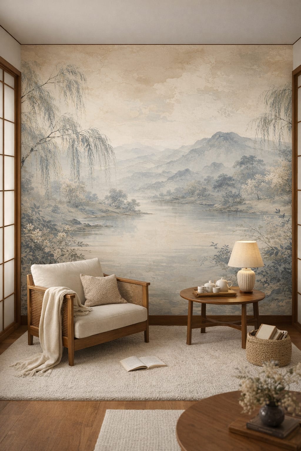 Neutral wood Traditional Japanese mountain lake landscape featuring willow trees - Wall Mural Peel and Stick Wallpaper for Traditional Japanese Reading Corner.