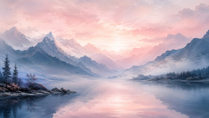 Ethereal Painterly Blush Pink Mountain Lake featuring pine forest - Wall Mural & Peel and Stick Wallpaper for Painterly Interiors and Premium Home Styling