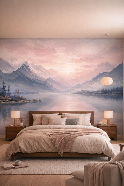 Japandi sand mountain lake featuring pine forest - Wall Mural Peel and Stick Wallpaper for Japandi Master Bedroom.