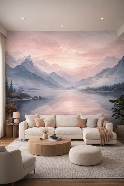 Organic Modern cream mountain lake featuring pine forest - Wall Mural Peel and Stick Wallpaper for Organic Modern Living Room.