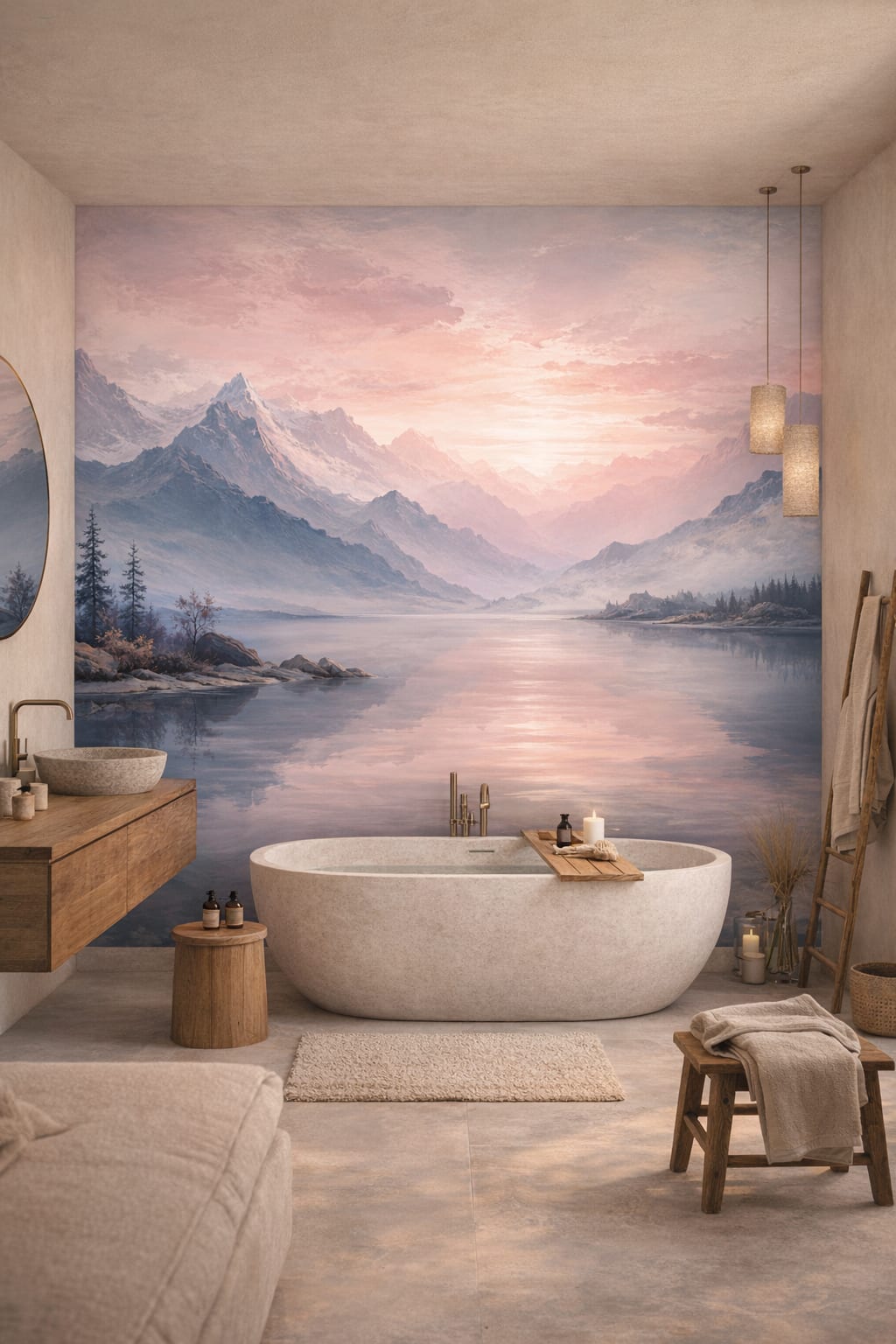 Wabi-sabi muted-earth mountain lake featuring pine forest - Wall Mural Peel and Stick Wallpaper for Wabi-sabi Luxury Bathroom.