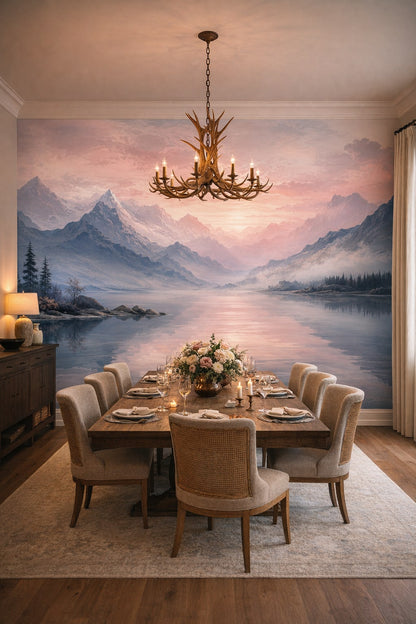 Cream wood mountain lake featuring pine forest - Wall Mural Peel and Stick Wallpaper for Alpine / Chalet Formal Dining Room.