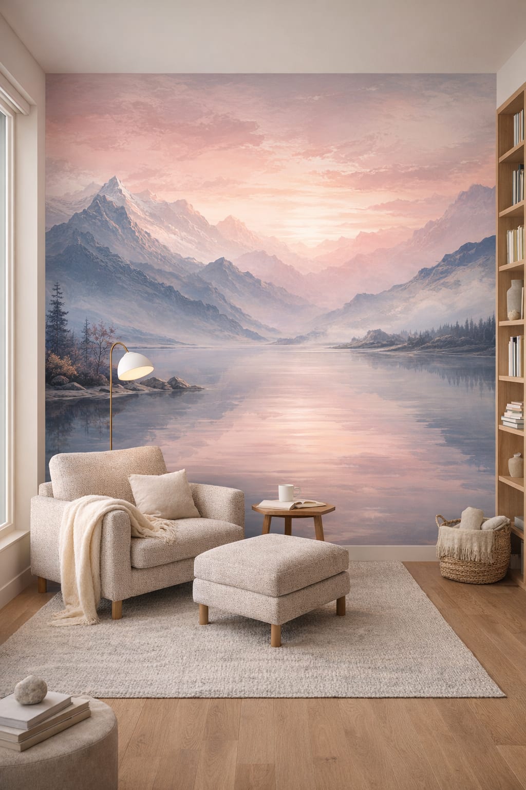 New Nordic greige mountain lake featuring pine forest - Wall Mural Peel and Stick Wallpaper for New Nordic Reading Corner.