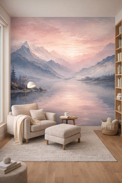 New Nordic greige mountain lake featuring pine forest - Wall Mural Peel and Stick Wallpaper for New Nordic Reading Corner.