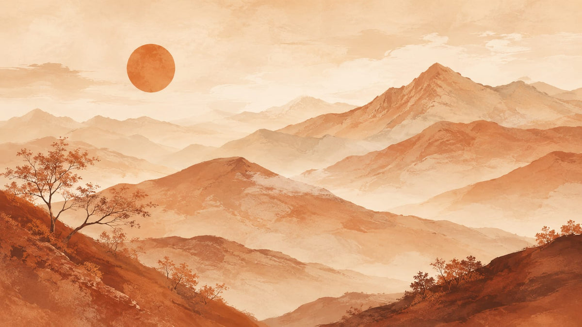 Serene atmospheric Terracotta mountain landscape featuring setting sun and desert trees - Wall Mural & Peel and Stick Wallpaper for Painterly Interiors and Premium Home Styling