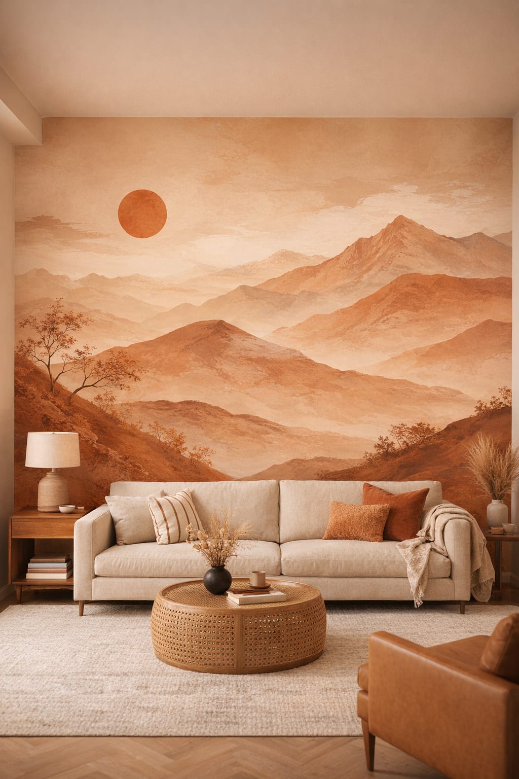 Desert Modern sand-toned mountain landscape featuring setting sun - Wall Mural Peel and Stick Wallpaper for Desert Modern Living Room.