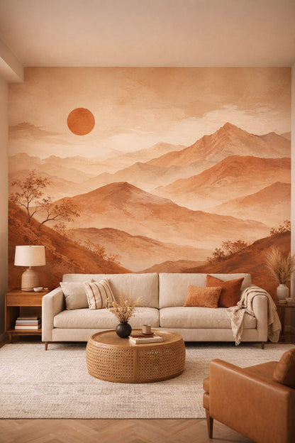 Desert Modern sand-toned mountain landscape featuring setting sun - Wall Mural Peel and Stick Wallpaper for Desert Modern Living Room.