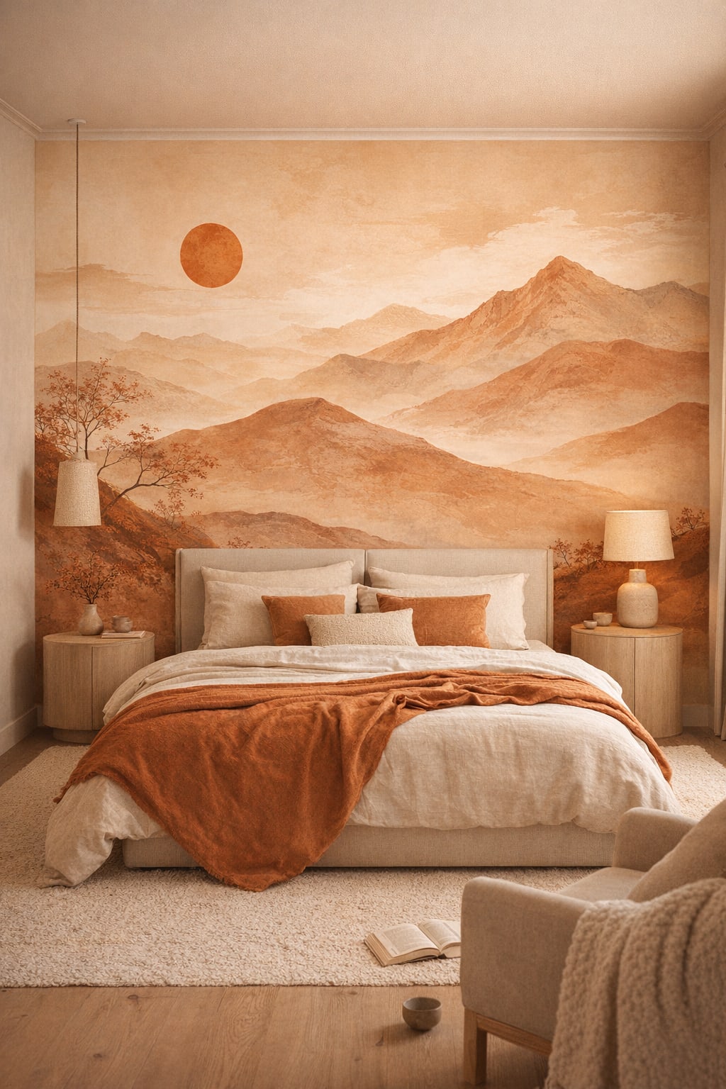 Wabi-sabi muted-earth-tone mountain landscape featuring setting sun - Wall Mural Peel and Stick Wallpaper for Wabi-sabi Master Bedroom.