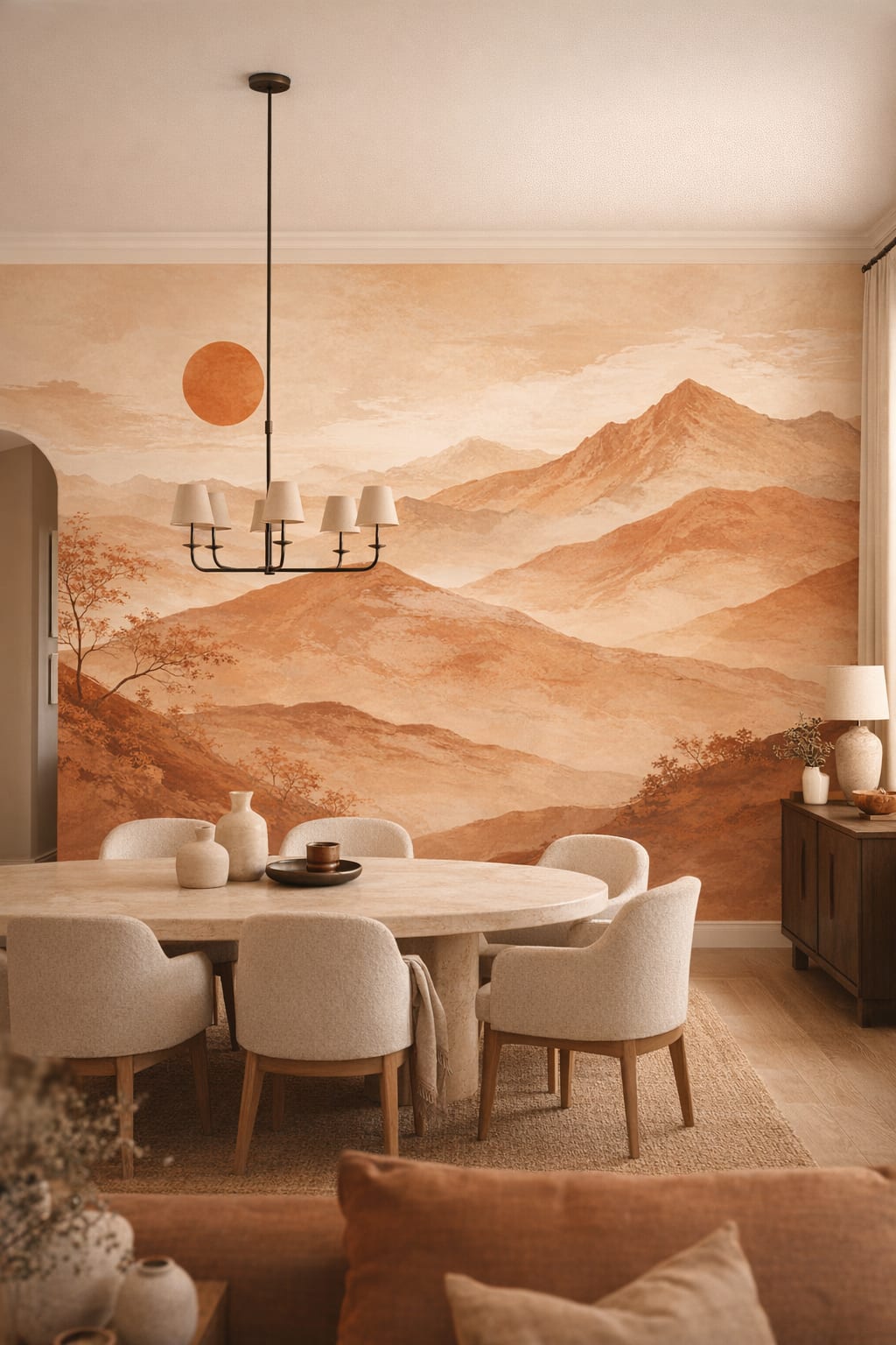 Mediterranean Modern sand-toned mountain landscape featuring setting sun - Wall Mural Peel and Stick Wallpaper for Mediterranean Modern Formal Dining Room.