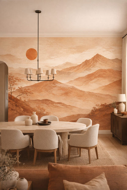 Mediterranean Modern sand-toned mountain landscape featuring setting sun - Wall Mural Peel and Stick Wallpaper for Mediterranean Modern Formal Dining Room.