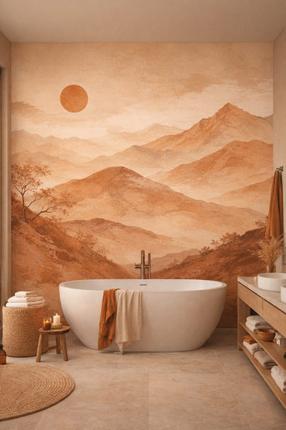 Organic Modern cream mountain landscape featuring setting sun - Wall Mural Peel and Stick Wallpaper for Organic Modern Luxury Bathroom.