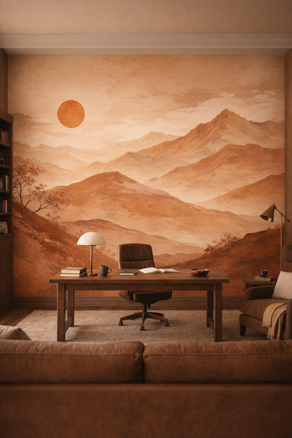 Rustic Modern sand mountain landscape featuring setting sun - Wall Mural Peel and Stick Wallpaper for Rustic Modern Executive Home Office.
