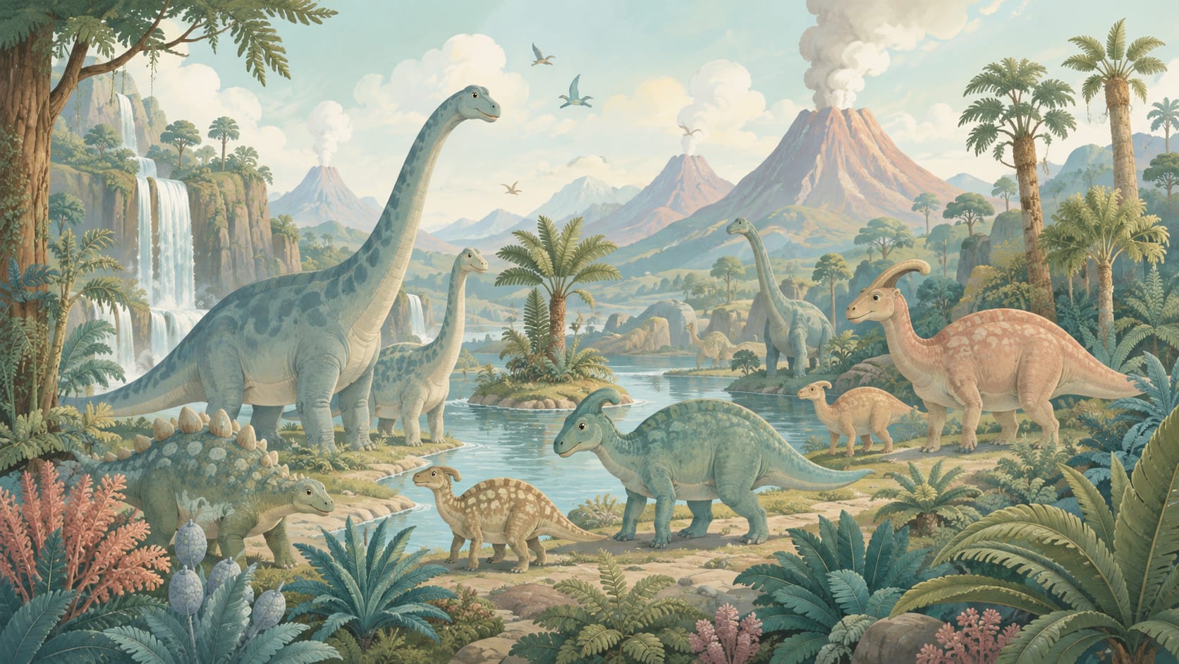 Whimsical illustrated Sage Green dinosaurs featuring tropical landscape and waterfalls - Wall Mural & Peel and Stick Wallpaper for Playful Nursery or Kids Room