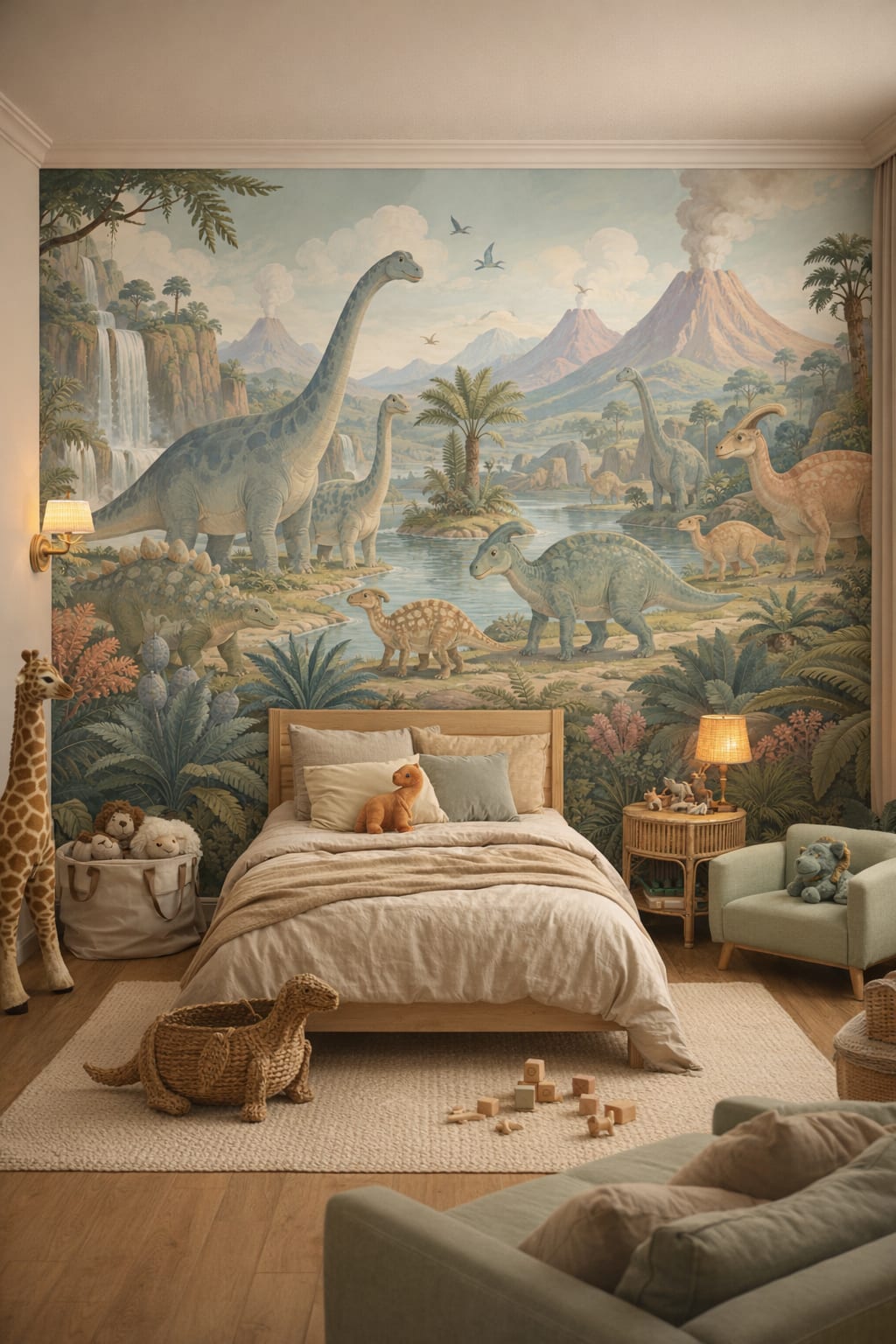 Olive sand Modern Safari dinosaurs featuring volcanoes - Wall Mural Peel and Stick Wallpaper for Modern Safari Kids Bedroom.