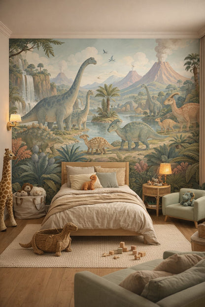 Olive sand Modern Safari dinosaurs featuring volcanoes - Wall Mural Peel and Stick Wallpaper for Modern Safari Kids Bedroom.