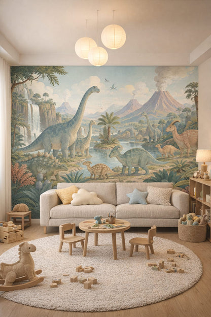 Scandi Kids birch dinosaurs featuring volcanoes - Wall Mural Peel and Stick Wallpaper for Scandi Kids Playroom.